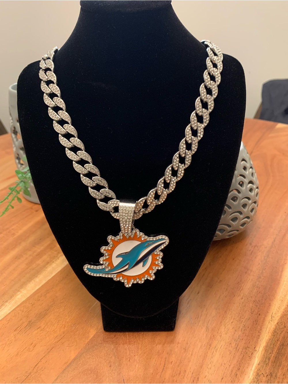 NFL Miami Dolphins Pendant Cuban Link Chain Necklace - Silver & Orange